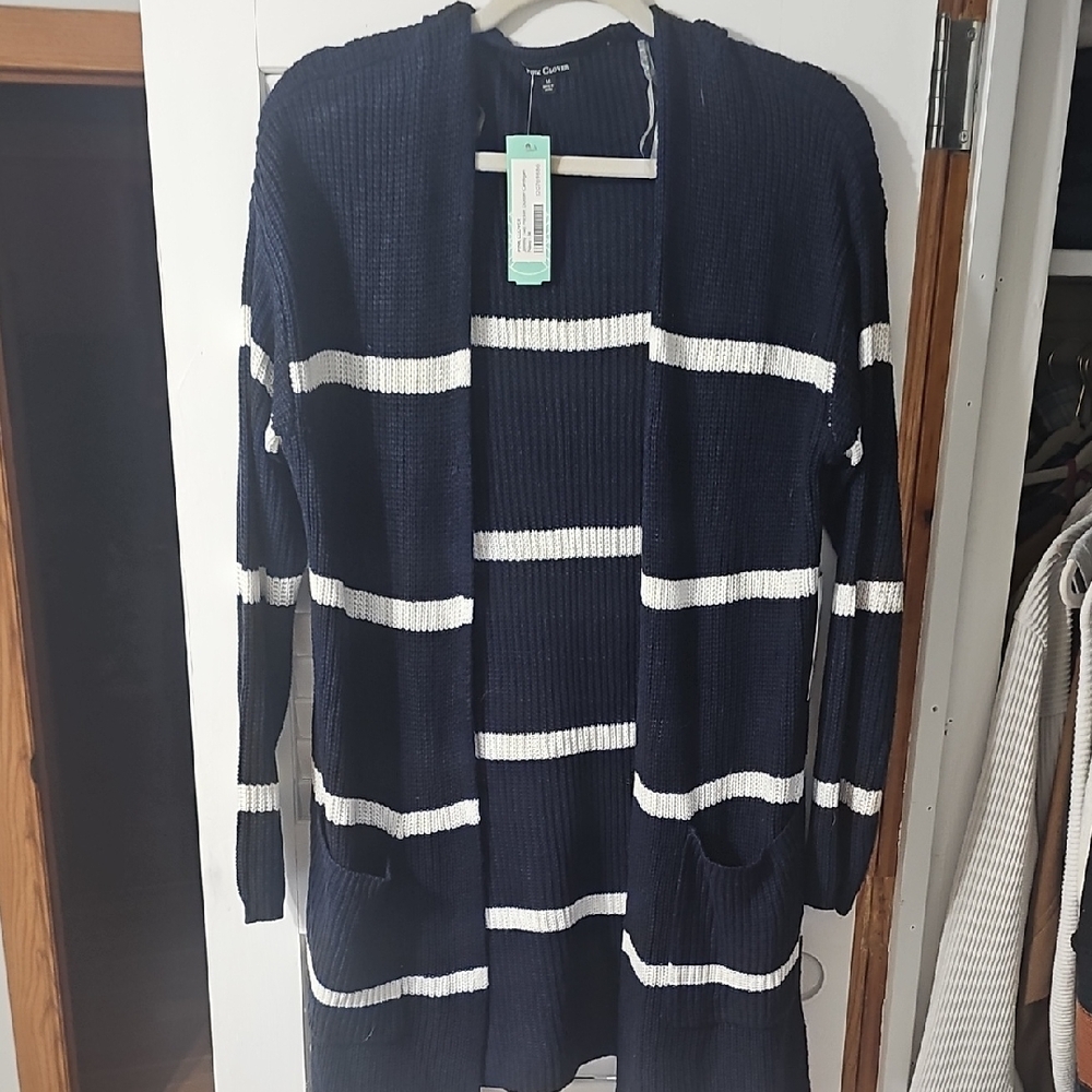Time and Tru Blue and White Striped Cardigan Sweater
